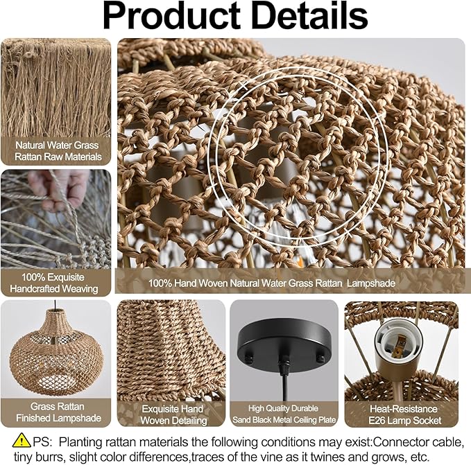 18.11" Rattan Pendant Light,Boho Hand Woven Wicker Hanging Light Seagrass Rattan Chandelier for Dining Living Bedroom
