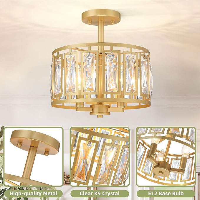 Gold Semi Flush Mount Ceiling Light, 3-Light Modern Brass Ceiling Fixture with K9 Crystals, Bedroom Light Fixture, Semi Flush Mount Ceiling Lights
