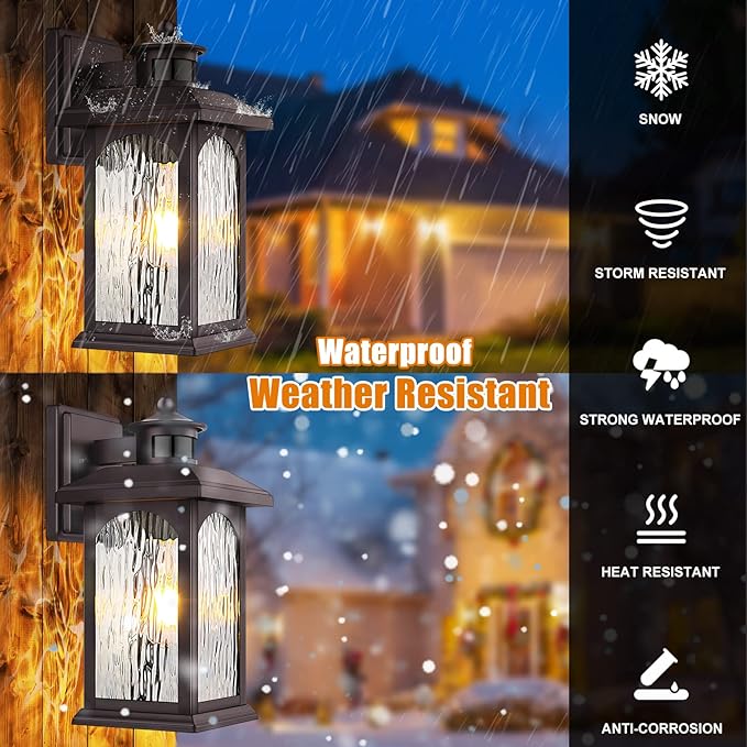 Brown Motion Sensor Outdoor Wall Sconce - Smart Dusk to Dawn Outdoor Lighting, Oil Rubbed Bronze Outdoor Wall Lights & Exterior Light Fixtures, Porch Lights with Water Rippled Glass for Garage House