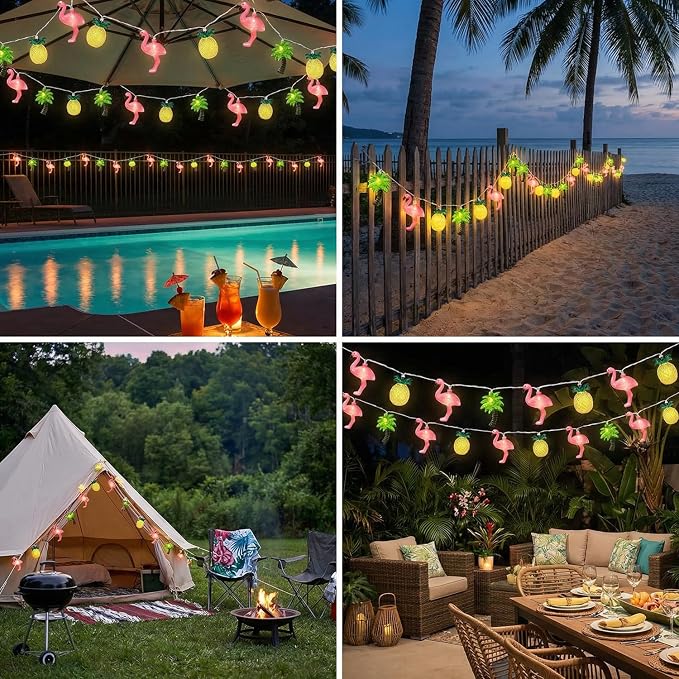 PASUTO Summer Beach Hawaiian String Lights, 10 LED Tropical String Lights, Hawaiian Tropical Beach Pool Party Decorations, Flamingo Pineapple Palm Tree Light Indoor Outdoor, Connectable Plug