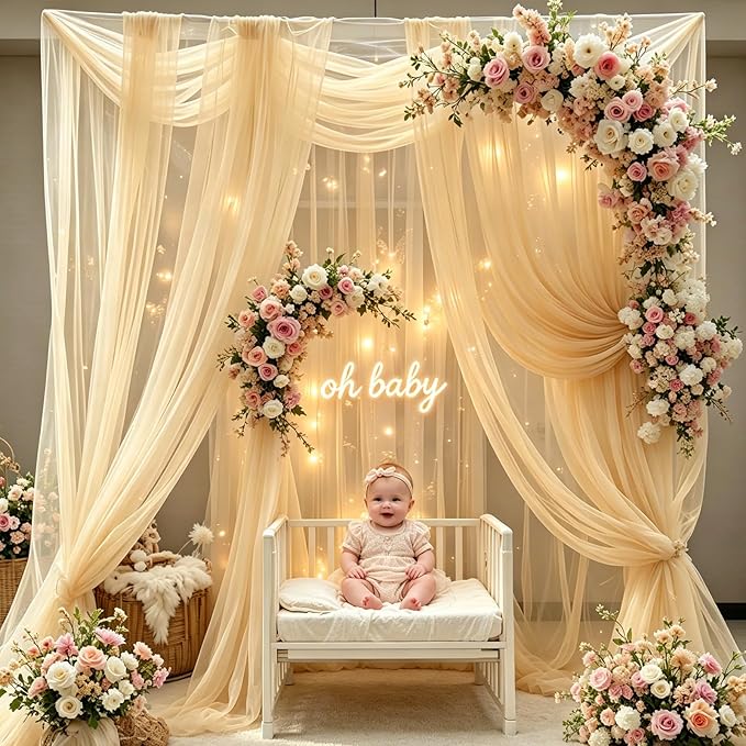 Champagne Tulle Backdrop Curtains with Lights String for Parties - 20×10Ft Sheer Backdrop Curtains with Lights for Wedding, Baby Shower, Birthday Party, Photo Shoot Background Decoration