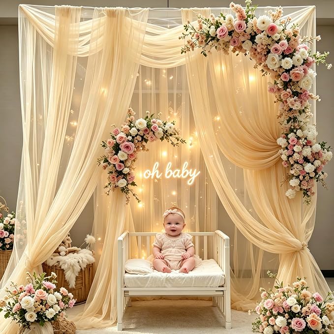 Champagne Tulle Backdrop Curtains with Lights String for Parties - 10×10Ft Sheer Backdrop Curtains with Lights for Wedding, Baby Shower, Birthday Party, Photo Shoot Background Decoration