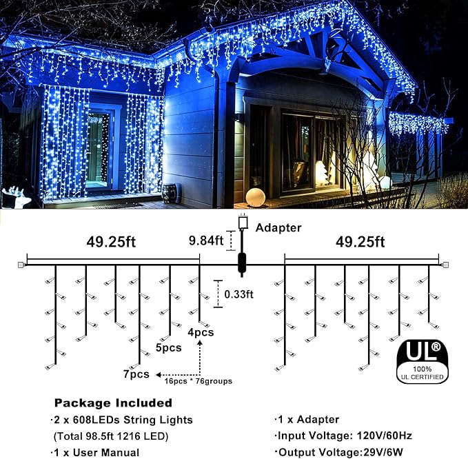 Icicle Christmas Lights Outdoor - 98FT 1216 LED Icicle Lights for Outside with 8 Modes Timer, 228 Drops Waterproof Hanging String Lights Indoor for House Holiday Party Wedding Decorations, Blue