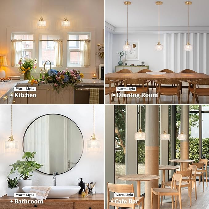 Shenmoyl Pendant Light 2 Pack with Clear Striped Glass Lmapshade, Brass Vintage Pendant Light Adjustable Hanging Light for Kitchen Island Dining Room Hallway