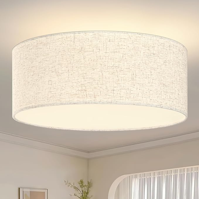 15.7 Inch Flush Mount Ceiling Light Black Close to Lights Fixture with Fabric Shade 3-Light Drum Modern Lights for Dining Room Bedroom Hallway