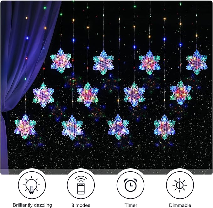 BLOOMWIN Christmas Fairy Curtain Lights 9.8ft Snowflake Lights USB Christmas Indoor Decorations 204LEDs Twinkle Lights with Remote for Bedroom Xmas - Colorful