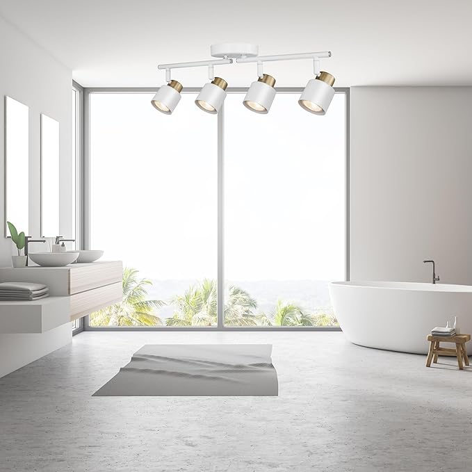 4 Light Track Lighting Kit, Matte White Brass Finish Adjustable with Modern Flush Mount Ceiling Spotlight for Kitchen,Dining,Living Room,Home Improvement