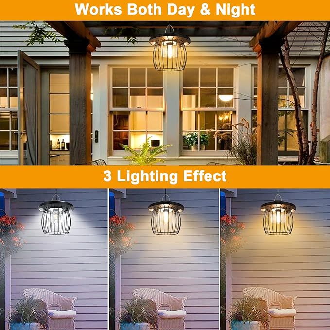 Solar Shed Lights with 2 Motion Sensors, Classic Metal Solar Chandelier Outdoor with 5 Lighting Modes, Waterproof Pendant Lamp with Remote Control for Barn, Gazebo, Garden, Patio(16.4FT Cord)