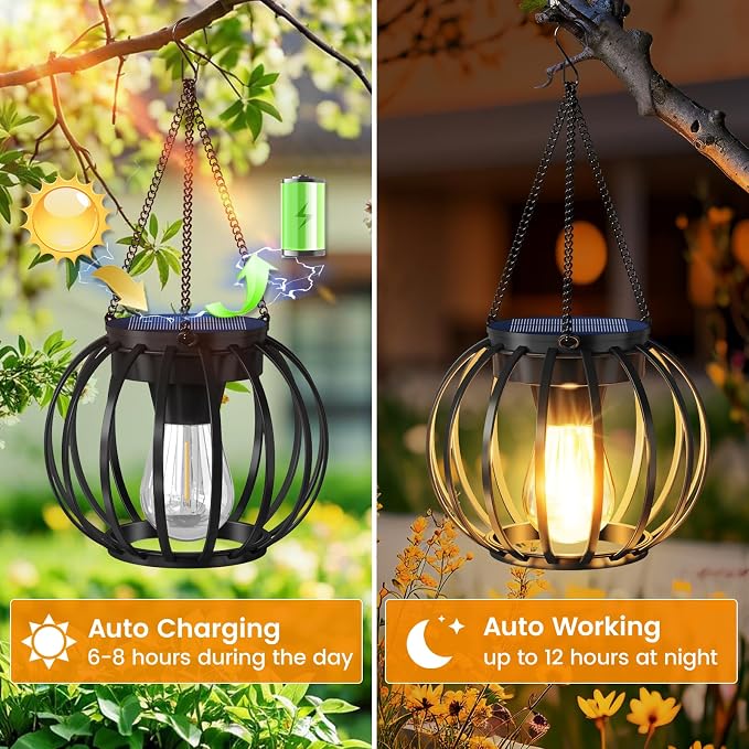 Solar Lanterns Outdoor Waterproof 4 Pack, Upgraded Metal Hanging Solar Lights for Outside with Auto On/Off & Hook - Brighter Hanging Outdoor Lanterns Decorative Lighting for Garden Patio Yard