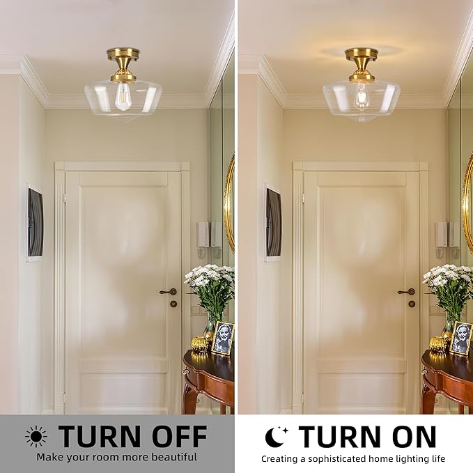 Brass Schoolhouse Light Fixture 12" Mid Century Light Fixture Schoolhouse Light Fixtures Ceiling Clear Glass Semi Flush Mount Ceiling Lights for Bedroom Bathroom Kitchen(Bulb Incl.)