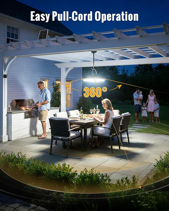 Solar Shed Light Indoor Outdoor, 2000LM Solar Pendant Light Daytime Available Pull Cord with 2 Brightness Modes, IP65 Waterproof Ceiling Lamp for Barn, Garage, Shop, Gazebo