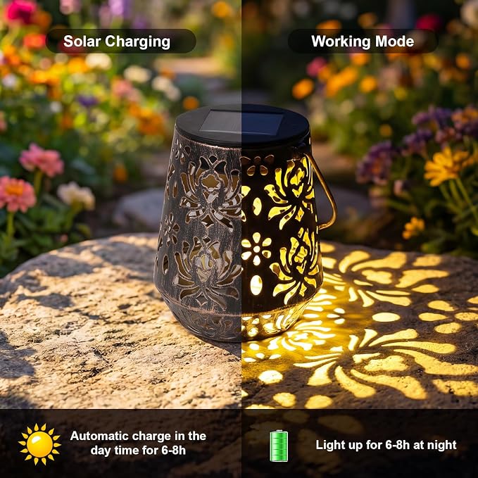Edenseelake 2 Pack Solar Hanging Lanterns Outdoor Waterproof, Metal Flower Solar Lights, Decorative LED Lantern for Garden, Patio, Porch, Yard, Lawn, Bronze