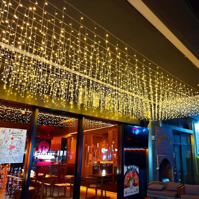 LED Icicle Lights, 8 Modes 16.4FT 112 LEDs Christmas Short Curtain Fairy Hanging Ceiling Extendable Lights for Wedding Balcony Doorway Outdoor Indoor Decoration Warm White, 5M04