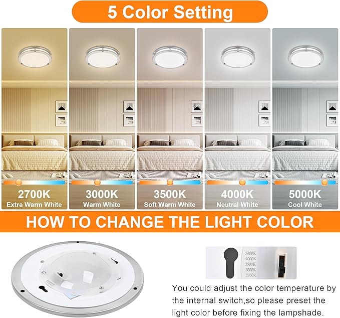 2 Pack 12 Inch Round Brushed Nickel Ceiling Light Fixture - Flush Mount LED Ceiling Lamp Set of Two 2700K/3000K/3500K/4000K/5000K Adjustable Brushed Nickel Bathroom LED Light for Bedroom