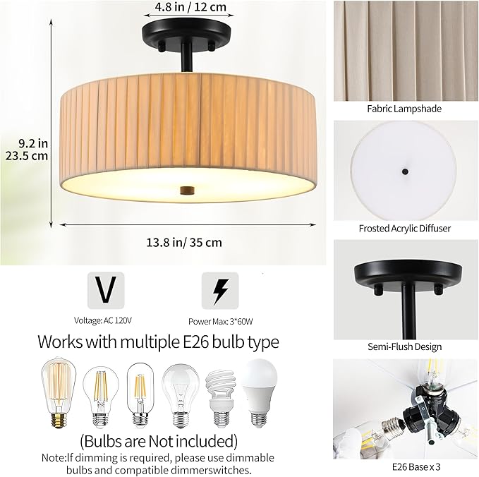 13.8 Inch Semi Flush Mount Ceiling Light Fixture, 3-Light Modern Farmhouse Drum Pendant with Fabric Shade for Bedroom Hallway Entryway Living Room (Oatmeal Pinch Pleated+Black)