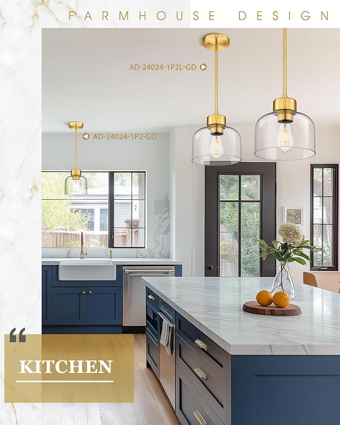 2-Pack Pendant Lights Kitchen Island, 8" Brushed Gold Hanging Light Fixtures with Clear Glass Shade, Modern Brass Kitchen Pendant Lighting Over Island for Dining Room, AD-24024-1P2L-GD