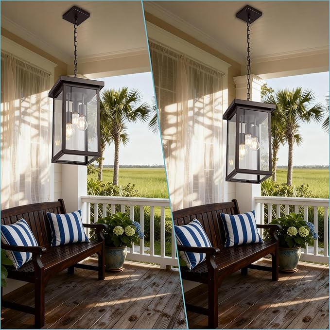 LOUSACE 16'' Large Outdoor Pendant Light 3-Lights Oil Rubbed Bronze Outdoor Chandelier Exterior Hanging Porch Light Fixtures Adjustable Ceiling Mount Outside Pendant Lantern for Entryway Front Door