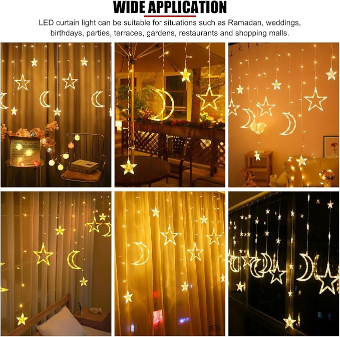 Star Moon Curtain String Lights,126 LED Ramadan Decorations Ramadan Curtain String Lights, 2 Lighting Modes, Waterproof Fairy Lights, Starry Lights for Christmas, Wedding, Party, Home, Patio Lawn