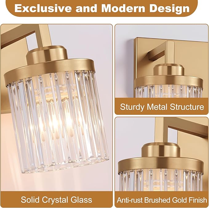 Modern Crystal Bathroom Light Fixtures, 4 Light Gold Vanity Lights, with Crystal Glass Shade, Industrial Bathroom Lighting Fixtures Over Mirror Wall Light for Bedroom Living Room