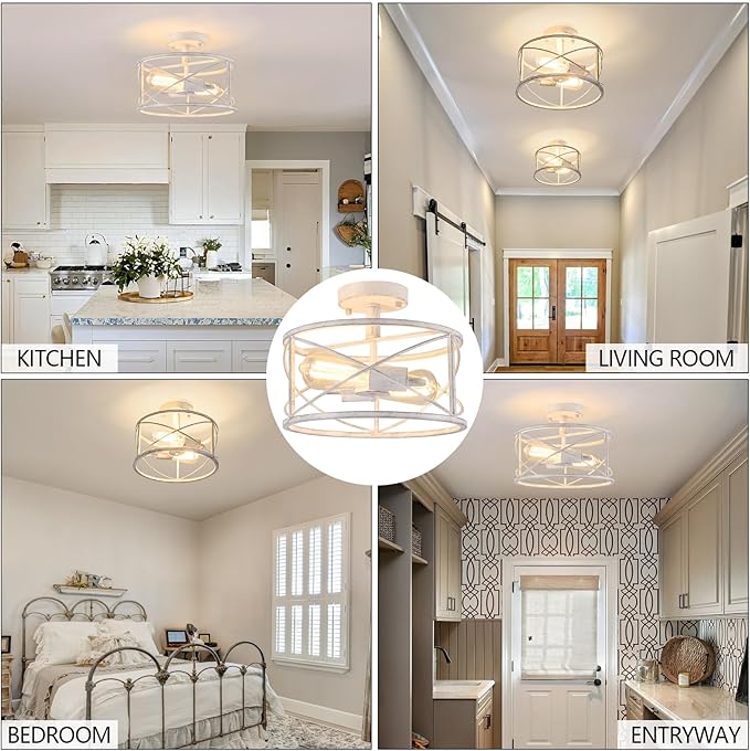 White Semi Flush Ceiling Light Fixture, 2-Light Farmhouse Flush Mount Light Fixtures, Modern Industrial Metal Cage Pendant Lighting for Hallway, Bedroom, Kitchen, Foyer, Living Room, Dining Room