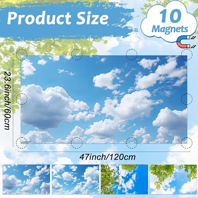 Wiooffen 4 Pcs Fluorescent Light Covers for Classroom Ceiling Lights 4 x 2 Feet Magnetic Light Covers Filter Easy Install for Office Hospitals Home Supplies (Trees Blue Sky Clouds)