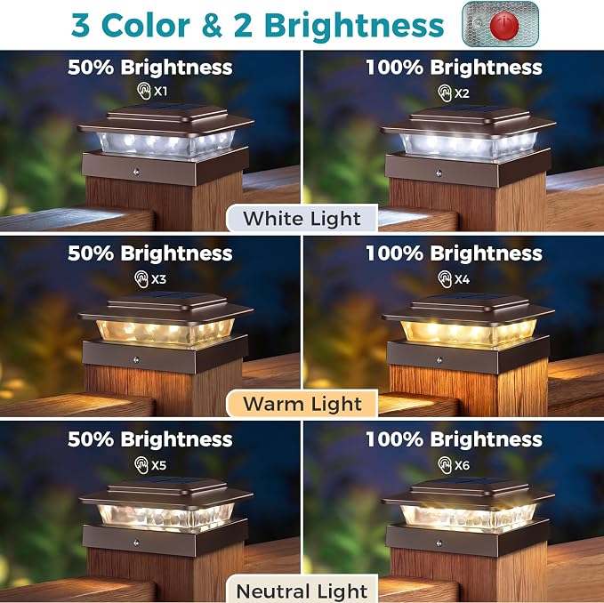 kolpop 4x4 Solar Post Cap Lights Outdoor 12Pack- 3 Color Temperatures&2 Level Brightness, IP65 Waterproof, 16 LED Fence Deck Post Light Solar Powered Only for 4×4/3.5×3.5 Wood/Vinyl Posts(Brown)