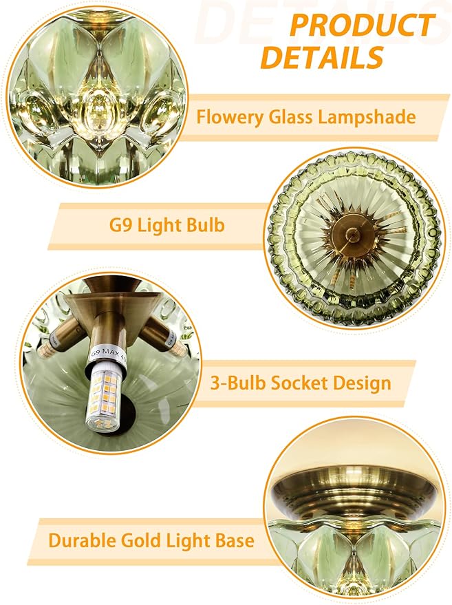 Semi Flush Mount Ceiling Light,11IN Vintage Gold Hallway Lights Fixture,3-Bulb Globe Green Glass Close to Ceiling Light for Bathroom, Hallway, Dining Room,Bulb Not Included