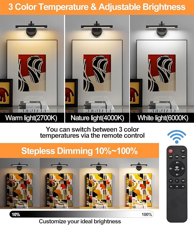 Tassuowell Rechargeable Picture Light for Wall, Cordless Art Lights Battery Operated, Dimmable Wall Light with Remote & Timer, 3 Color Modes for Paintings, Gallery, Artwork(Black, 12inch)