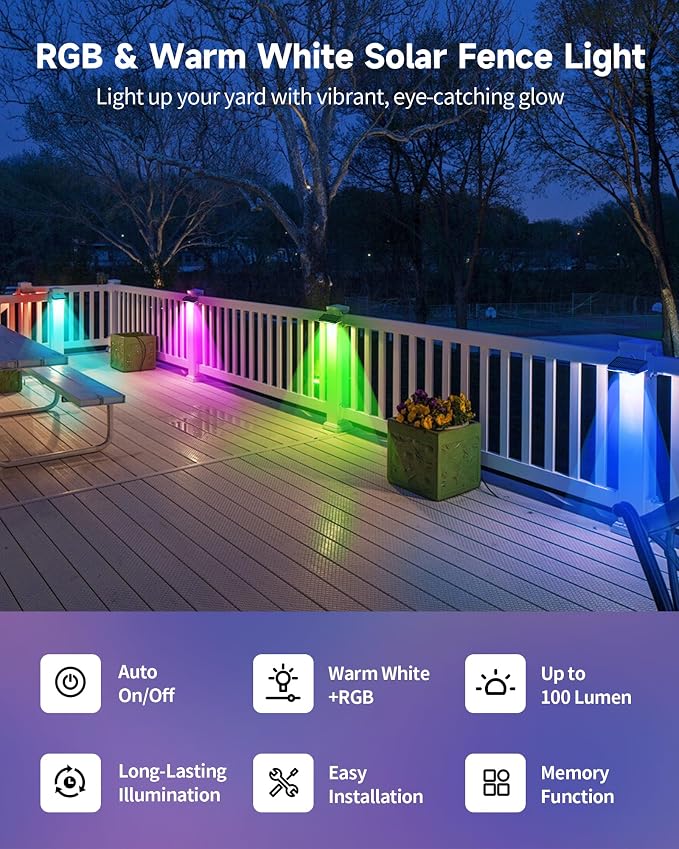 Solar Fence Lights, Outdoor IP65 Waterproof LED, RGB Fence Lights Solar Powered 7 Colors, for Wall, Patio, Deck, Backyard, Garden, Pool, Railing (8 Pack)