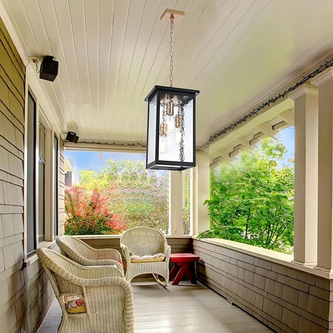 Outdoor Pendant Light Fixture, 3-Light Vintage Black & Brushed Brass Farmhouse Exterior Hanging Lights with Hammer Glass Adjustable Chain, Outdoor Hanging Lantern for Porch Entrance Foyer Front