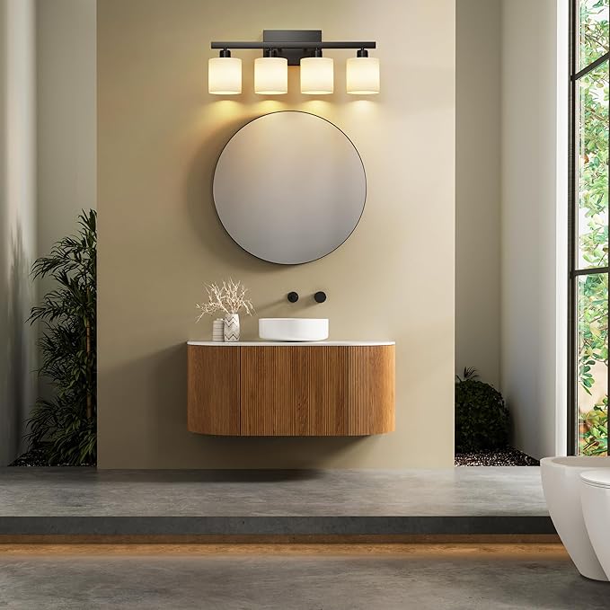 PARTPHONER Bathroom Light Fixtures, Bathroom Lighting Fixtures Over Mirror, Interior Classic Vanity Lights, Modern Vanity Light with Textured White Glass Shade, Matte Black, 4-Light