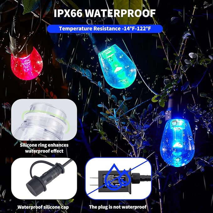 CAWWS Outdoor String Lights 27FT, Outdoor Lights for Patio with 10 Dimmable RGBW LED Bulbs, IP66 Waterproof Shatterproof, with APP Control & Remote, 24V Adapter Color Change,for Backyard Décor