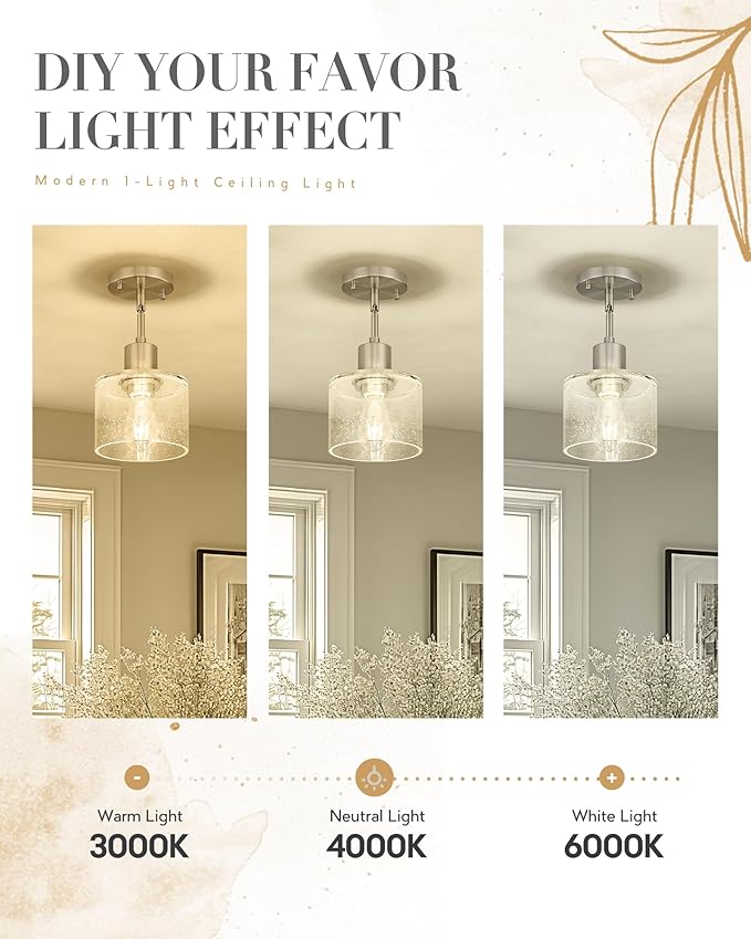LMS Industrial Semi Flush Mount Ceiling Light, Brushed Nickel 1-Light Close to Ceiling Light with Seeded Glass Shade, Modern Ceiling Lmap for Hallway Corridor Kitchen, LMS-101BN