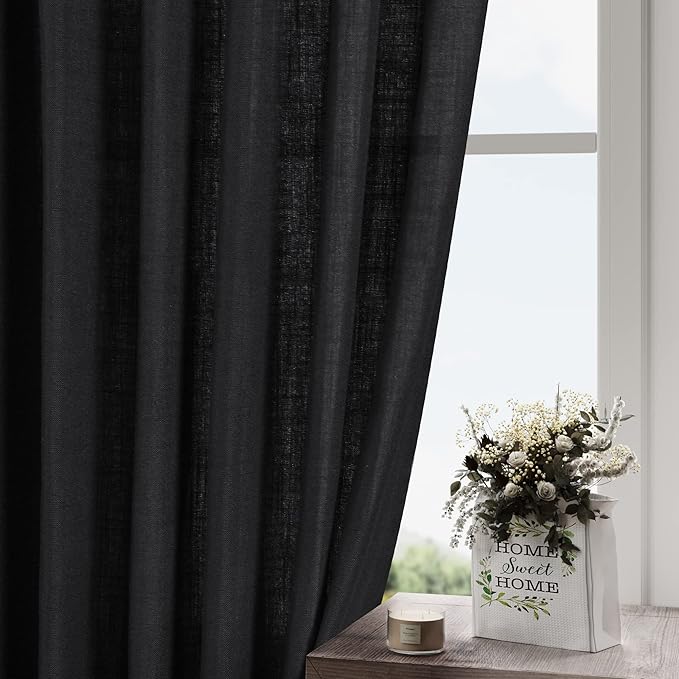Black Kitchen Curtains 36 Inch Length Set 2 Panel Back Tab Pocket Semi Sheer Light Filtering Short Drapes Linen Modern Farmhouse Curtain Tiers for Cafe Bathroom Basement Small Window 52x36