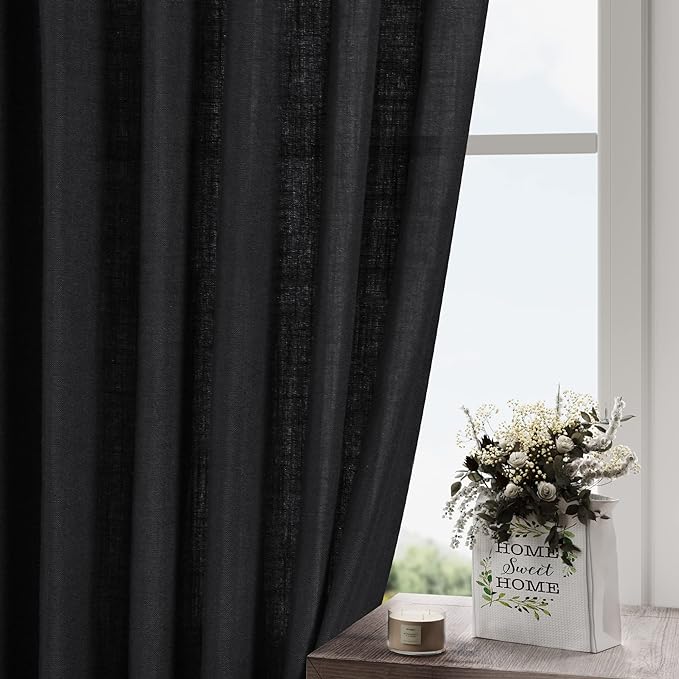 Black Linen Curtains 80 inches Long for Bedroom Back Tab Light Filtering Privacy Sheer Black Curtains Modern Farmhouse Coastal Decor Black Cotton Textured Gauze Curtain 2 Panel Set 52x80
