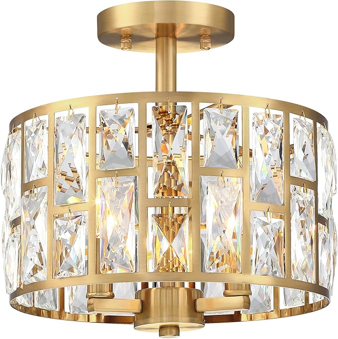 MEXO Gold Finish 3LT Crystal Semi Flush Mount Ceiling Light Fixture, Cylinder Drum Shade, Close to Ceiling, Perfect for Kitchen, Dining Room, Bedroom, Living Room, Entryway, Foyer