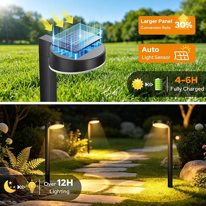 APONUO Solar Pathway Lights Outdoor, 3 Color Temperatures Selectable CCT, Focused Ground Spot Lens, Brighter Up to 12 Hrs IP65 Waterproof Path Lights for Walkway Driveway Yard Garden, Black, 8 Pack