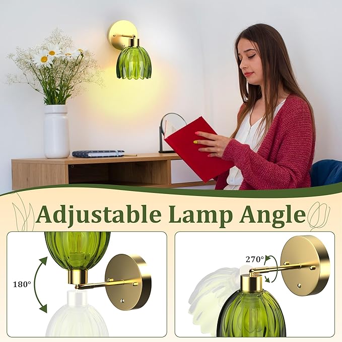 MOKOQI Wall Sconces Set of 2 Battery Operated | Tulip Glass Wall Lamps Rechargeable 5200mAh Wireless Wall Sconce Dimmable for Bedroom Living Room Hallway, Elegant Green Tulip Lampshade Wall Decor