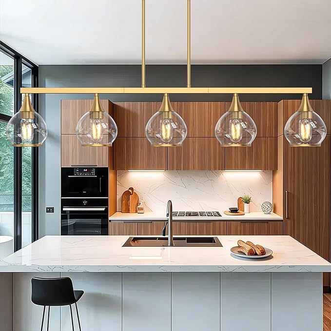Kitchen Island Linear Pendant Light, 5-Light Gold Dining Room Chandelier with Clear Glass Globe Shades, Modern Linear Lighting Fixture Over Table