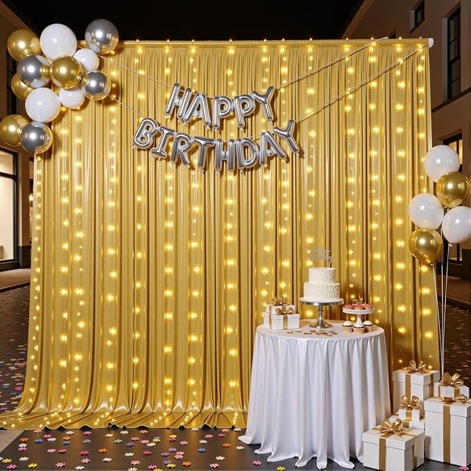 Outpain 20x10ft Gold Sequin Backdrop Curtains with Light -Lighted Up Gold Photo Backdrops with Non-Shedding Glitter, Wrinkle-Free Drapes for Wedding/Christmas/Studio(5x10ft 4 Panels)
