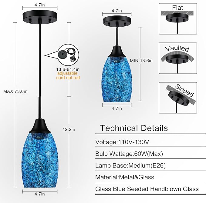 Viinew Mini Glass Pendant Light,4.72" Dark Blue Glass Hanging Light 3-Pack Handblown Clear Blue Seeded Shade Adjustable Cord Ceiling Light Fixture for Kitchen Island Sink