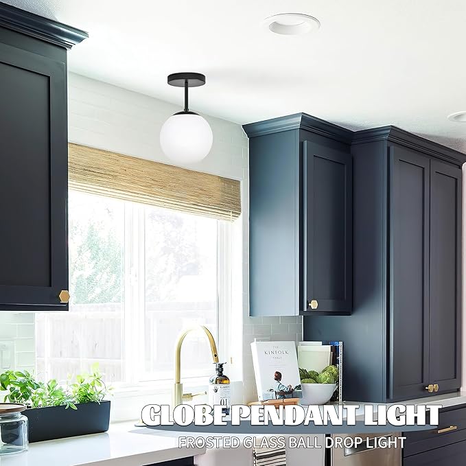 6" Mid Century Modern Globe Semi Flush Mount Ceiling Light Fixture Frosted Glass with Black Finish1-Light Globe Glass Ceiling Lights for Aisle Porch Stairway Closet Kitchen Laundry Room (Bulb Incl.)
