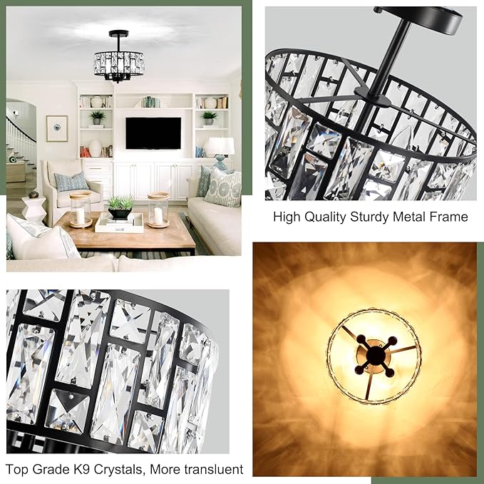 11.22’’ Crystal Ceiling Light Fixture, Black Semi Flush Mount Ceiling Light, 4-Light Modern Ceiling Light for Hallway Entryway Kitchen Bedroom Bathroom