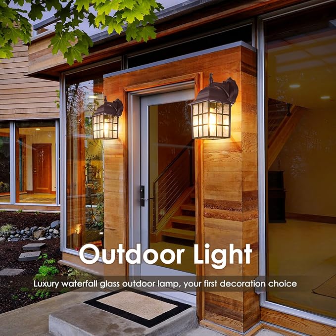 2-Pack Dusk to Dawn Outdoor Wall Light, Waterproof Exterior Wall Lantern Lighting Fixtures with Photocell Sensor, Brown Modern Outside Wall Sconce with E26 Base for House Porch Garage