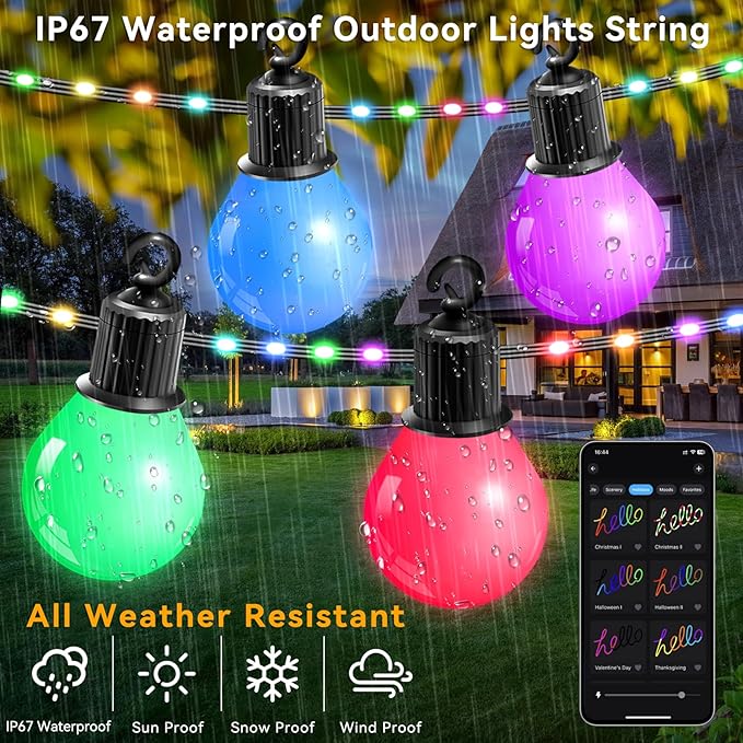 Smart Outdoor String Lights, 65.6Ft RGBIC Color Changing LED Patio Light IP67 Waterproof with 26 G40 Bulbs,App Control,Remote,Music Sync Outdoor Hanging Lights USB Plug-in for Garden Yard Camper Party