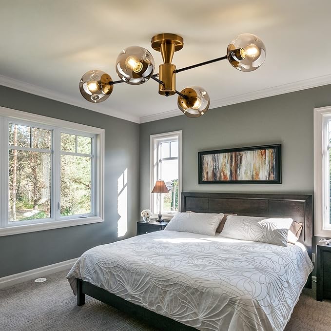 hesoge Modern Semi Flush Mount Ceiling Light Fixture, 4-Light Gold Mid Century Chandelier with Glass Globe,Ceiling Lighting for Dinning Room Farmhouse Kitchen Bedroom Living Room.