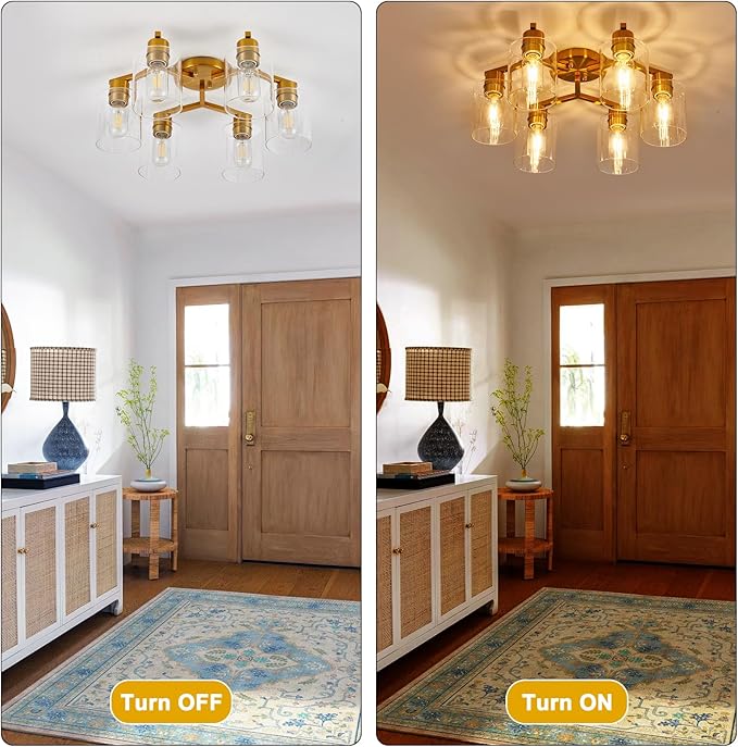 Gold Kitchen Lighting Fixtures Ceiling Dining Room Light Fixtures Brass Kitchen Ceiling Light Fixture Large Chandelier for Living Room Semi Flush Mount with Clear Glass Shade