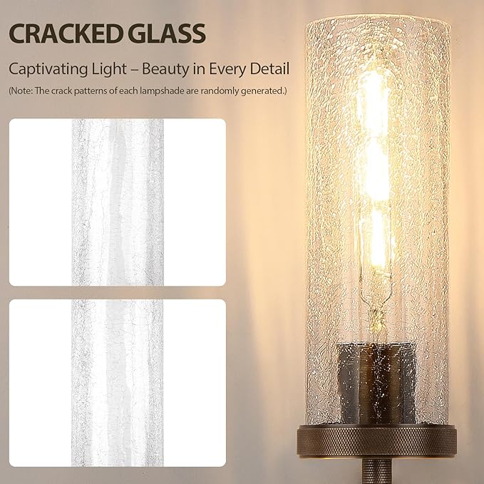 15" Knurled Brass Wall Sconces Set of 2, Bronze Bathroom Vanity Light Fixtures with Crackle Glass Tube, Modern Lamp Lighting for Bedroom, Living Room, Hallway, Staircase, Mirror, Kitchen