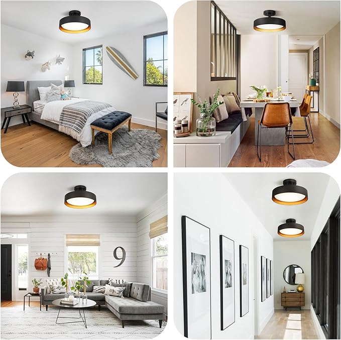 SunRider Semi Flush Mount Ceiling Lights, 12 Inch 25W LED Ceiling Light Fixture Black for Hallway Kitchen, Gold Inside, 5000K Daylight White, Dimmable