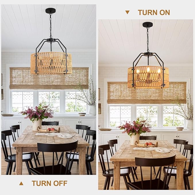 lobolighting 4-Light Rattan Chandelier Light Fixtures, 16.5" Boho Pendant Light with Hand Woven Drum Shade, Modern Farmhouse Chandelier for Dining Room Living Room Kitchen Island Bedroom